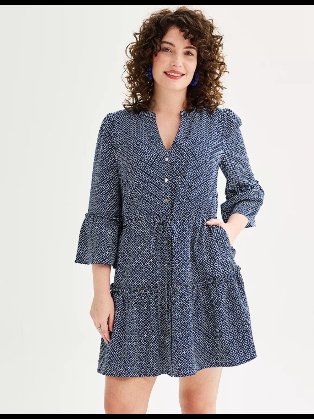 🌼B2G1🌼 Draper James Navy Geometric Tiered Button-Front Mini Dress